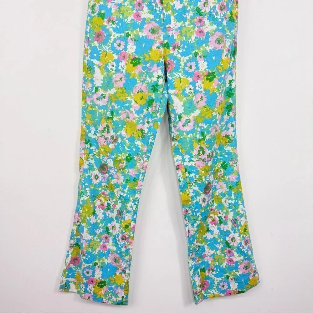 Zara Colorful Floral Retro Inspired Linen Blend High Rise Cropped Ankle Pants